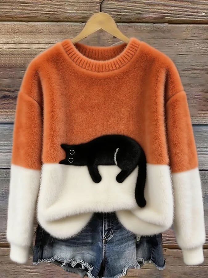 Women's Cat Print Casual Pullover Sweater