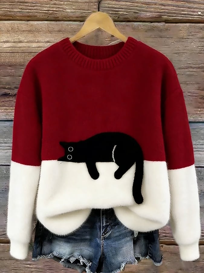 Women's Cat Print Casual Pullover Sweater