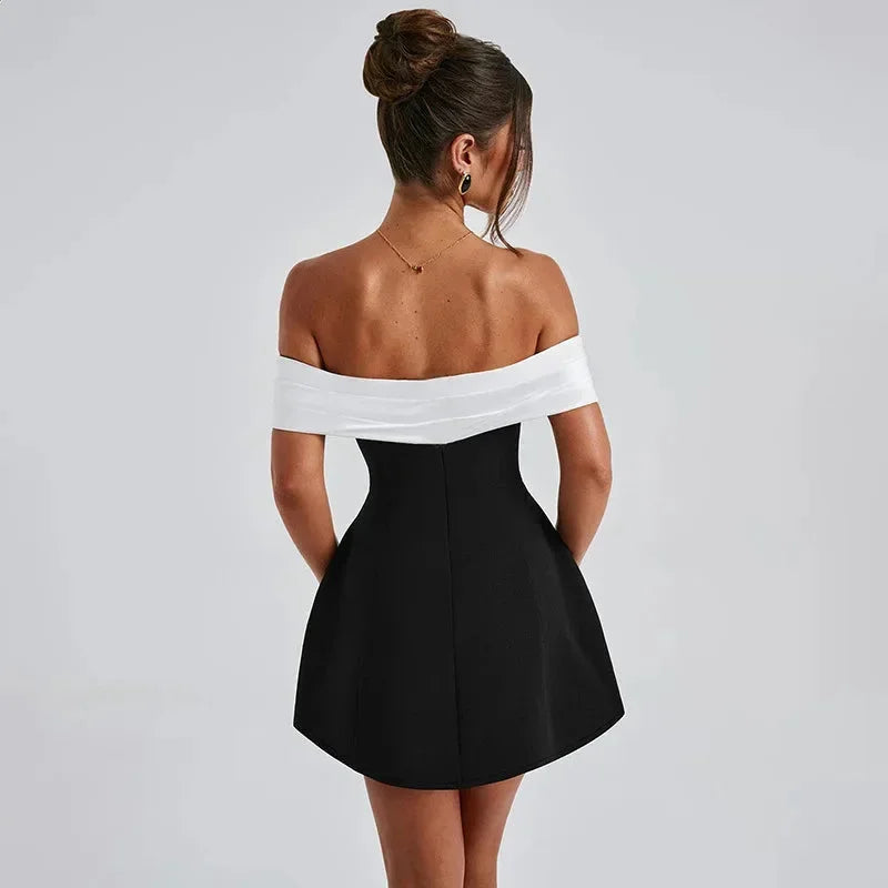 Women’s Off Shoulder A-Line Mini Dress with Elegant Contrast Design