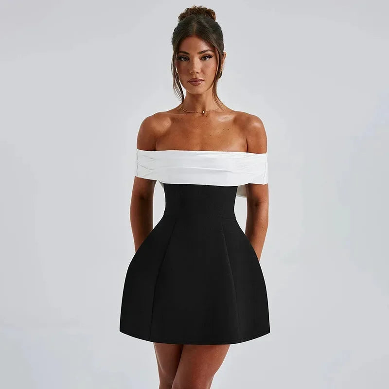 Women’s Off Shoulder A-Line Mini Dress with Elegant Contrast Design