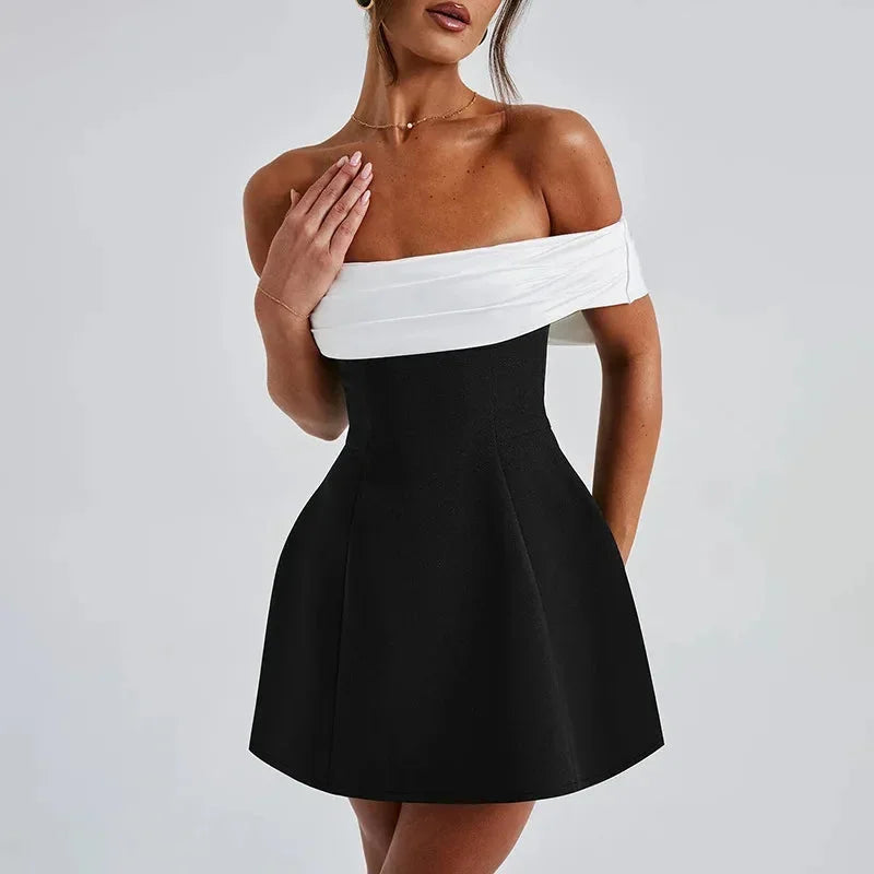 Women’s Off Shoulder A-Line Mini Dress with Elegant Contrast Design