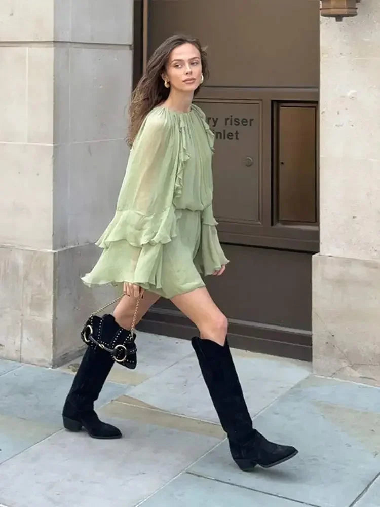 Women’s Romantic Layered Chiffon Mini Dress with Flowy Bell Sleeves