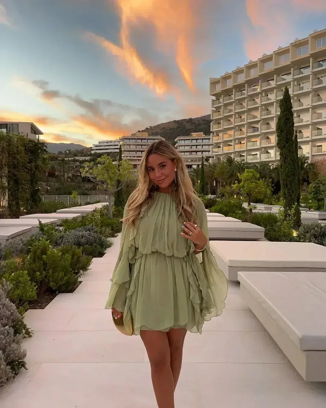 Women’s Romantic Layered Chiffon Mini Dress with Flowy Bell Sleeves