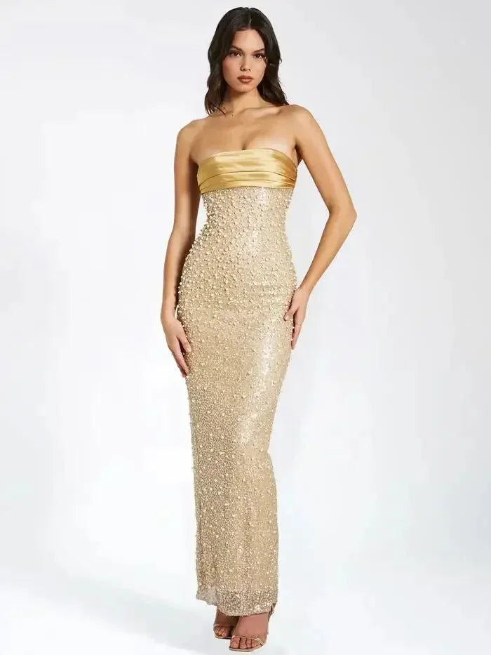 Women’s Strapless Sequin Maxi Evening Dress with Elegant Bodycon Silhouette