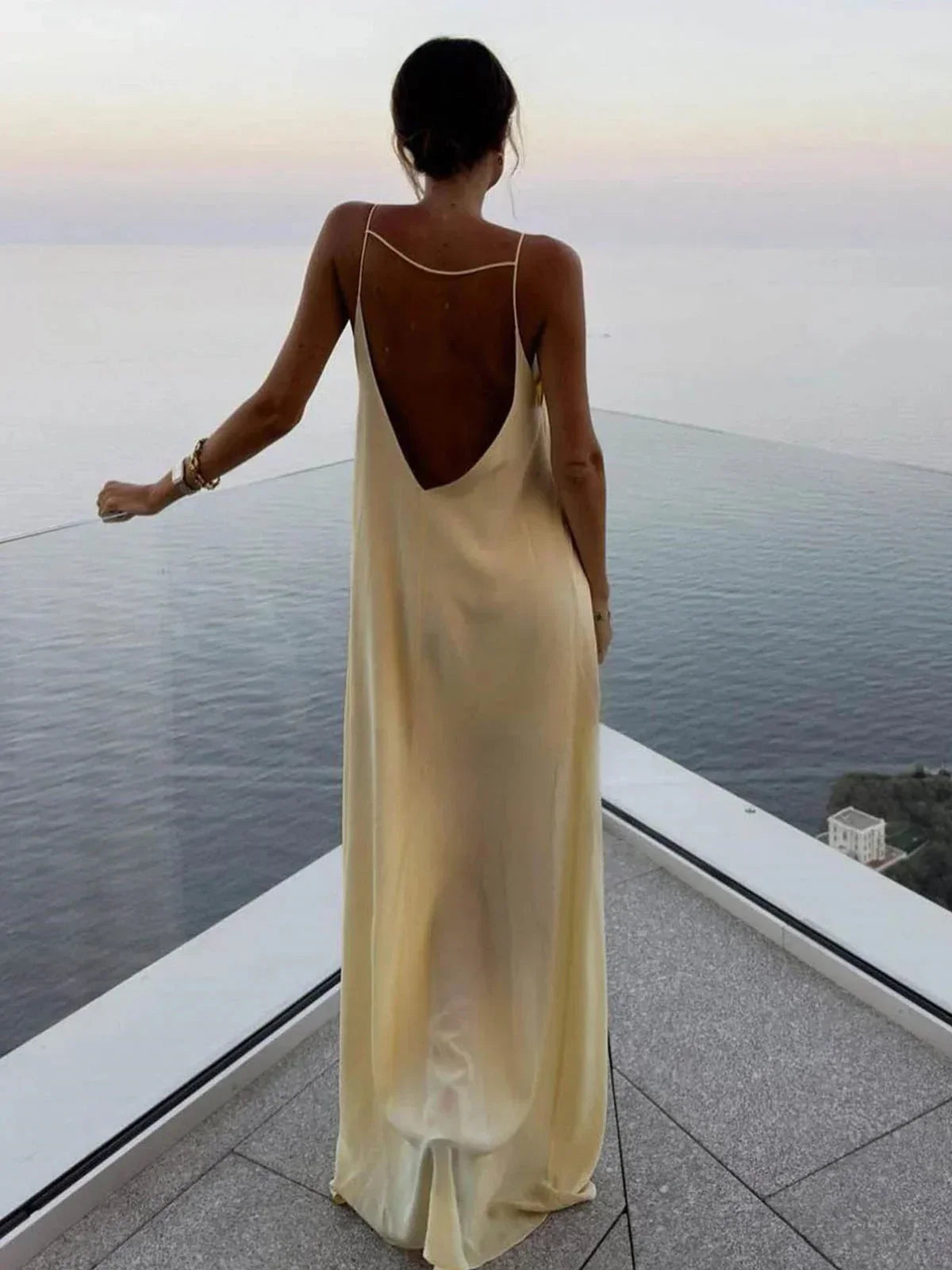 Women’s Elegant Satin Backless Maxi Dress with Minimalist Slip Silhouette