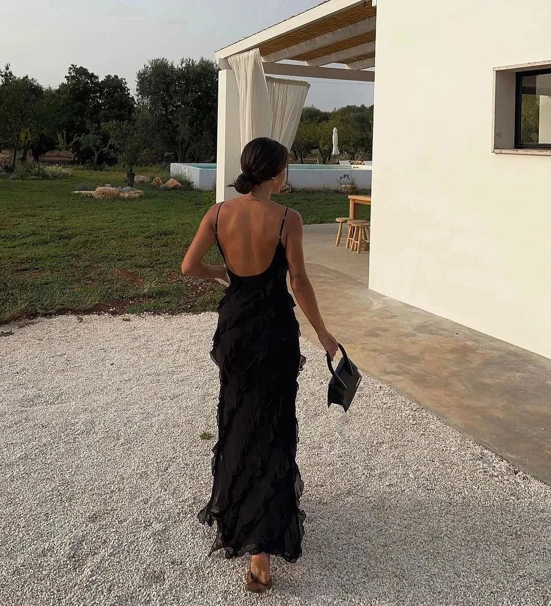 Women’s Elegant Ruffle Trim Evening Maxi Dress with Open Back Design