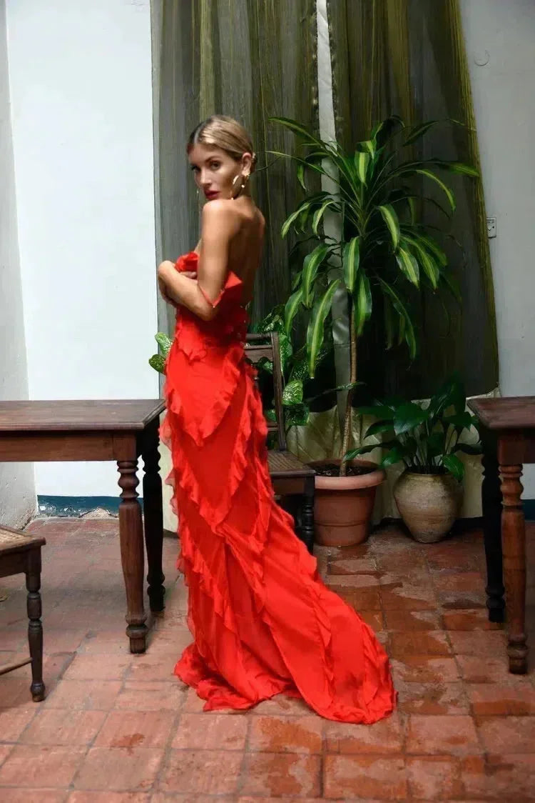 Women’s Elegant Ruffle Trim Evening Maxi Dress with Open Back Design