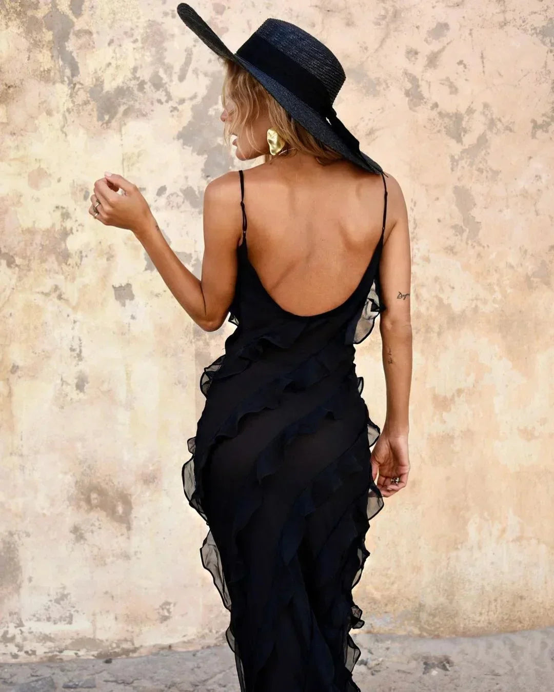 Women’s Elegant Ruffle Trim Evening Maxi Dress with Open Back Design