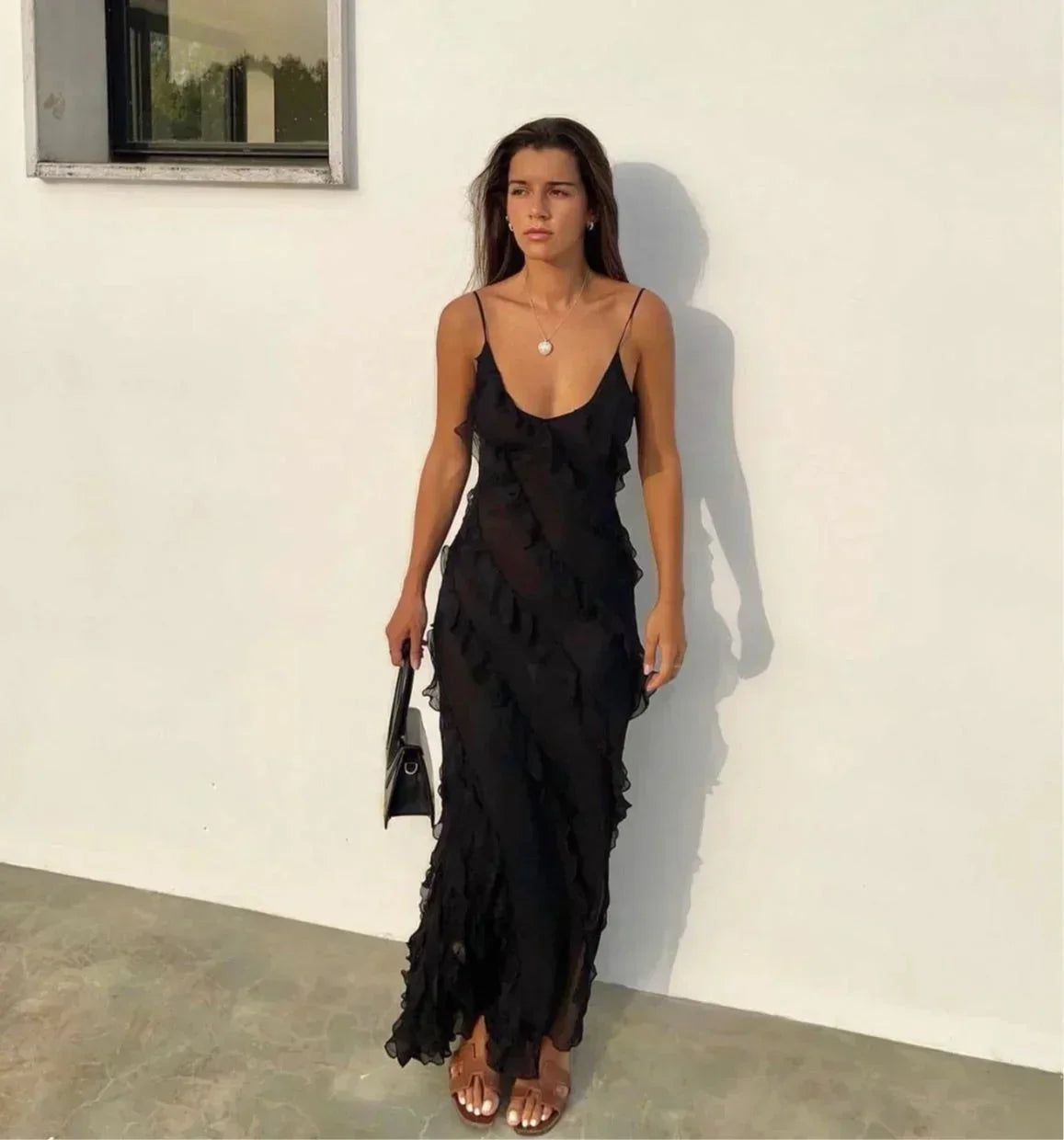Women’s Elegant Ruffle Trim Evening Maxi Dress with Open Back Design