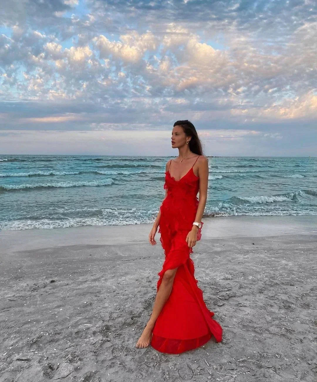 Women’s Elegant Ruffle Trim Evening Maxi Dress with Open Back Design