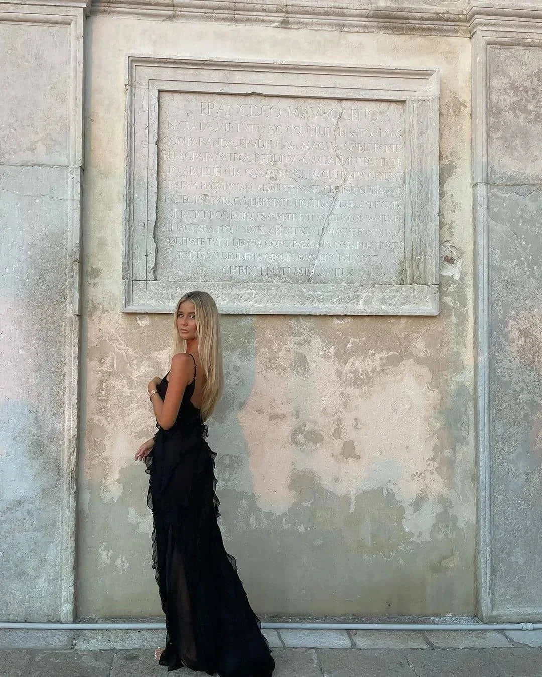 Women’s Elegant Ruffle Trim Evening Maxi Dress with Open Back Design
