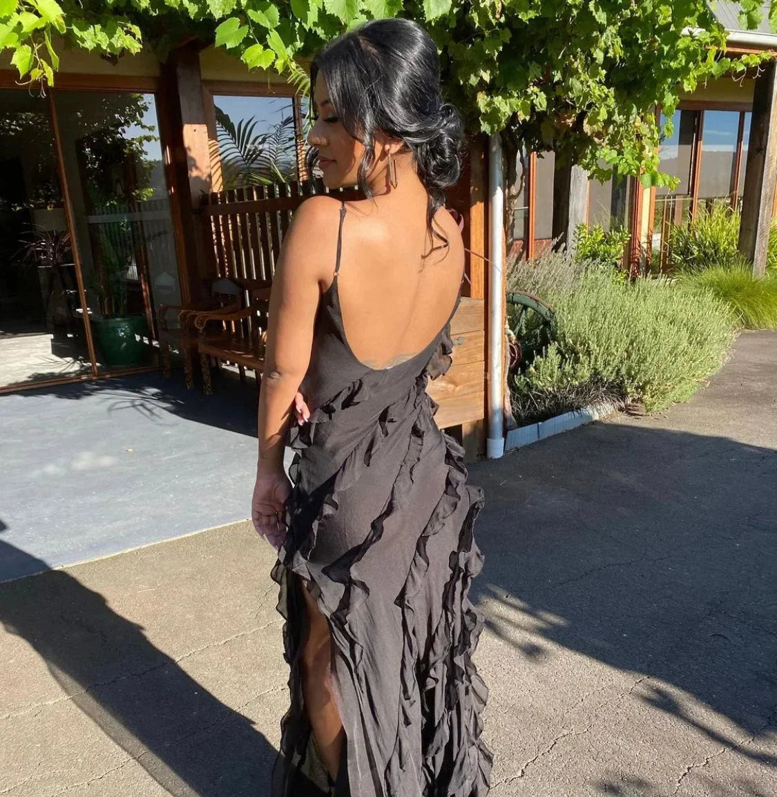Women’s Elegant Ruffle Trim Evening Maxi Dress with Open Back Design