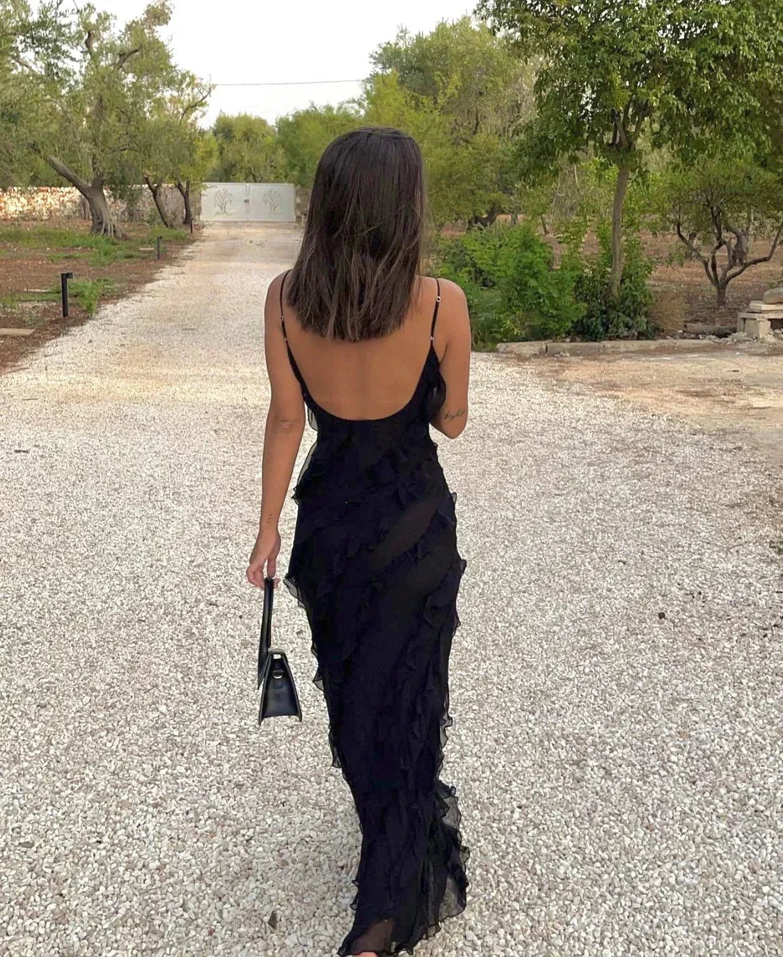 Women’s Elegant Ruffle Trim Evening Maxi Dress with Open Back Design