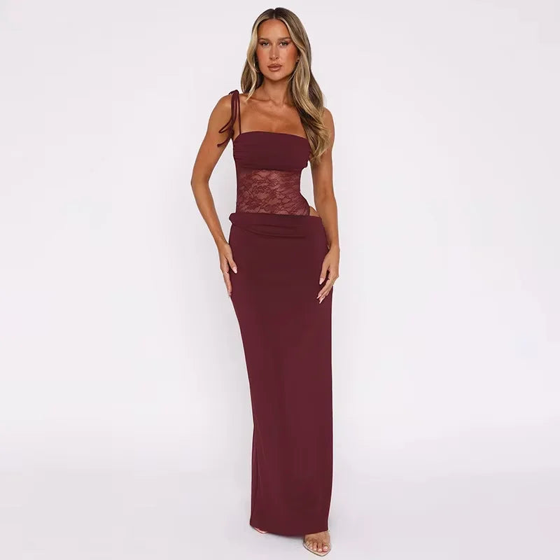 Women’s Lace Panel Maxi Evening Dress with Strapless Bodycon Fit