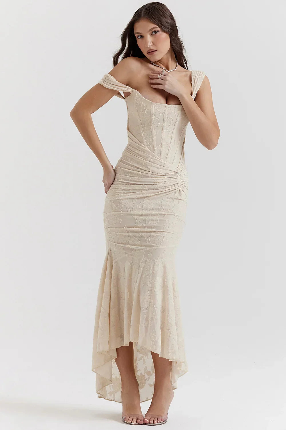 Women’s Elegant Ruched Mermaid Hem Midi Evening Dress