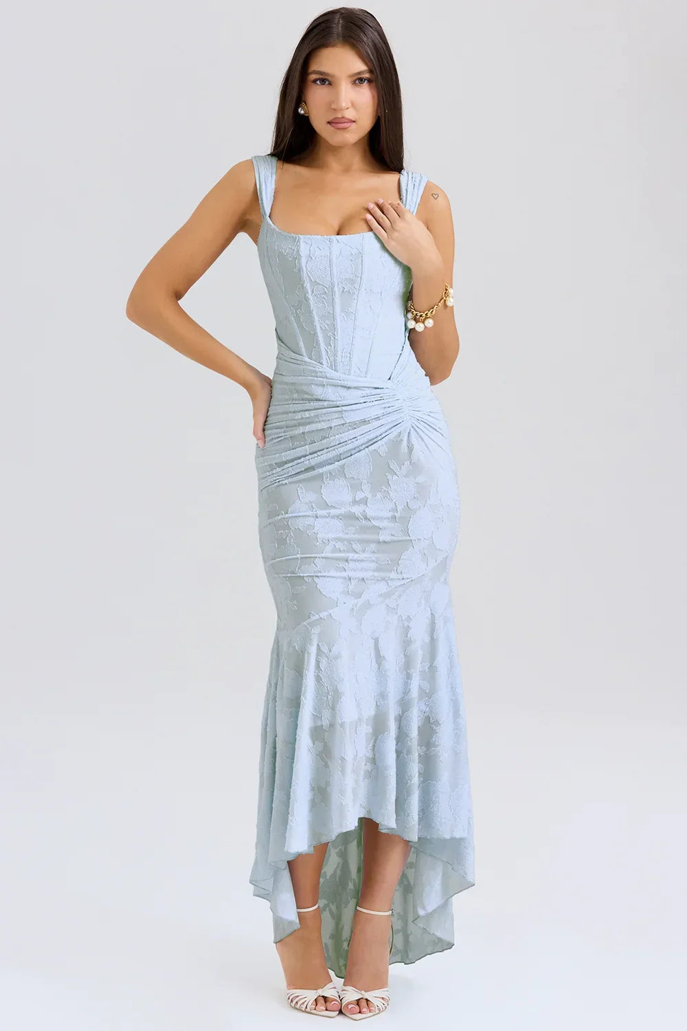 Women’s Elegant Ruched Mermaid Hem Midi Evening Dress
