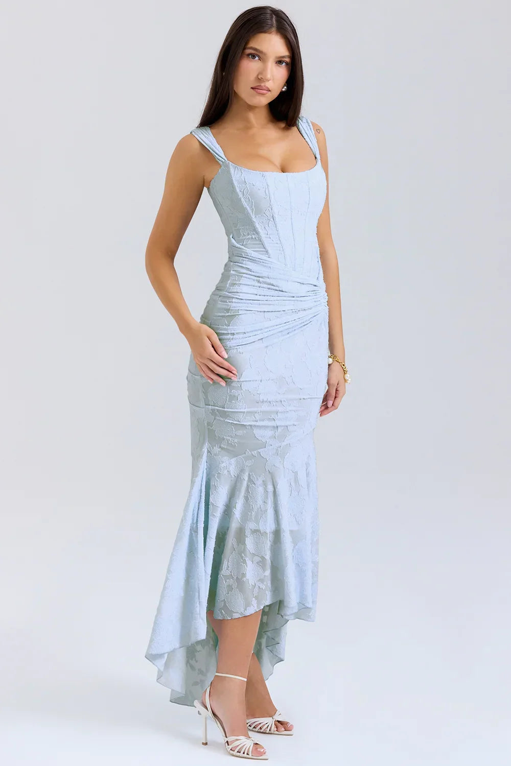 Women’s Elegant Ruched Mermaid Hem Midi Evening Dress
