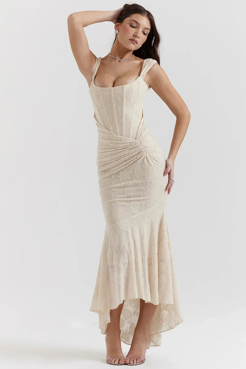 Women’s Elegant Ruched Mermaid Hem Midi Evening Dress