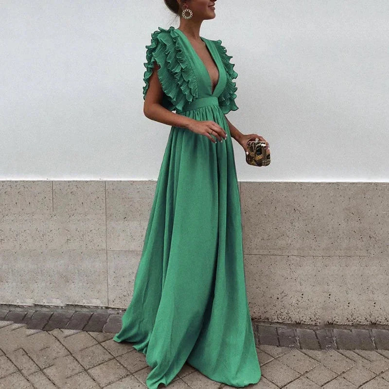Women’s Elegant Ruffle V-Neck Maxi Dress
