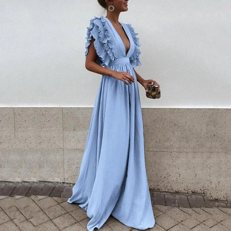 Women’s Elegant Ruffle V-Neck Maxi Dress