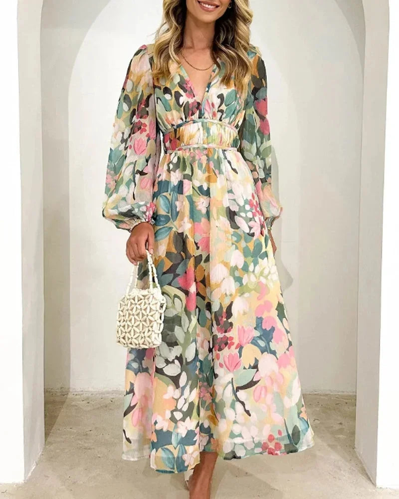 Women’s Floral ong Sleeve V Neck Boho Maxi Dress