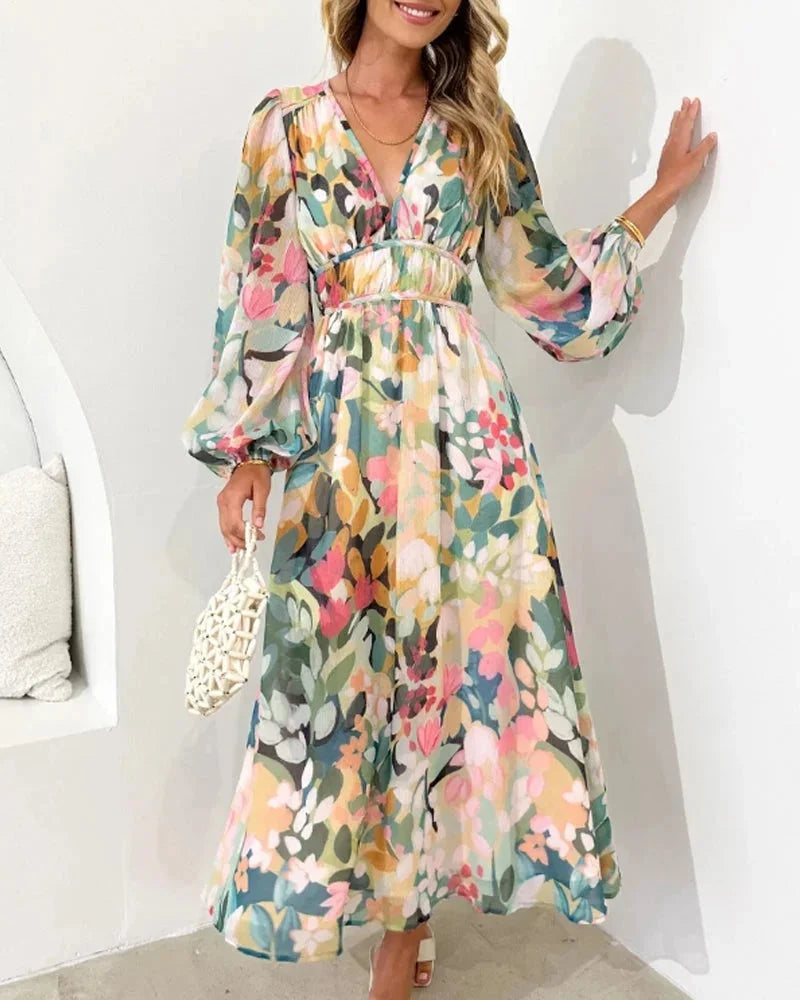 Women’s Floral ong Sleeve V Neck Boho Maxi Dress