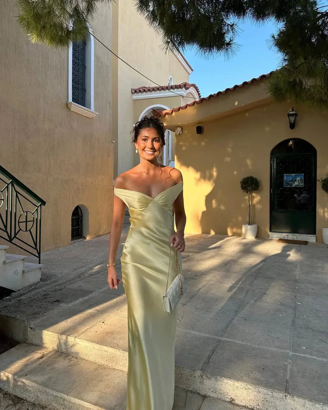 Elegant Off-Shoulder Yellow Satin Maxi Dress