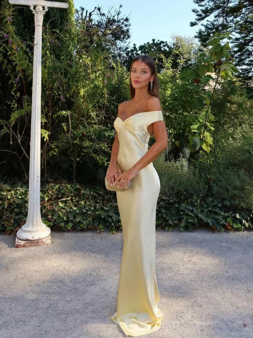 Elegant Off-Shoulder Yellow Satin Maxi Dress