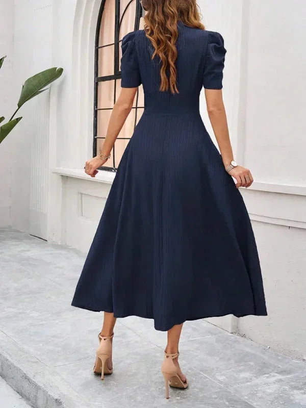 V Neck Puff Sleeve Midi Dress Women