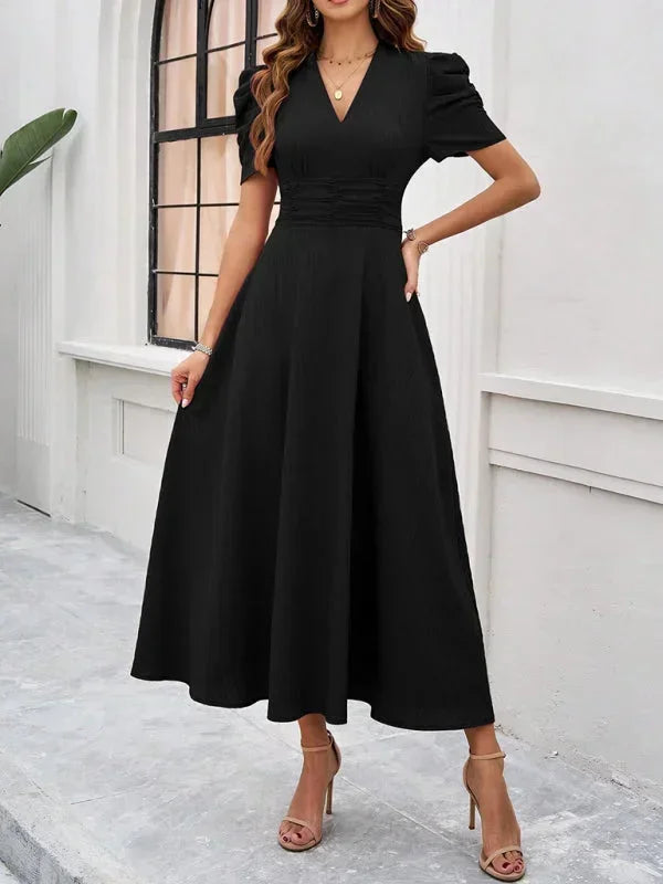 V Neck Puff Sleeve Midi Dress Women