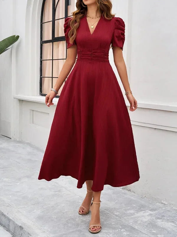 V Neck Puff Sleeve Midi Dress Women