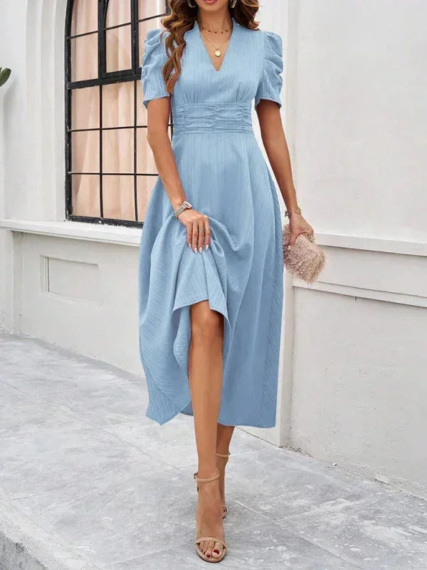 V Neck Puff Sleeve Midi Dress Women