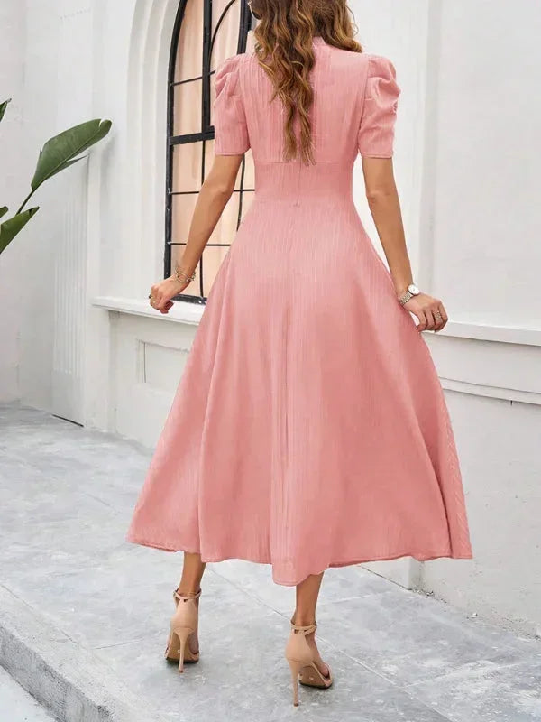 V Neck Puff Sleeve Midi Dress Women