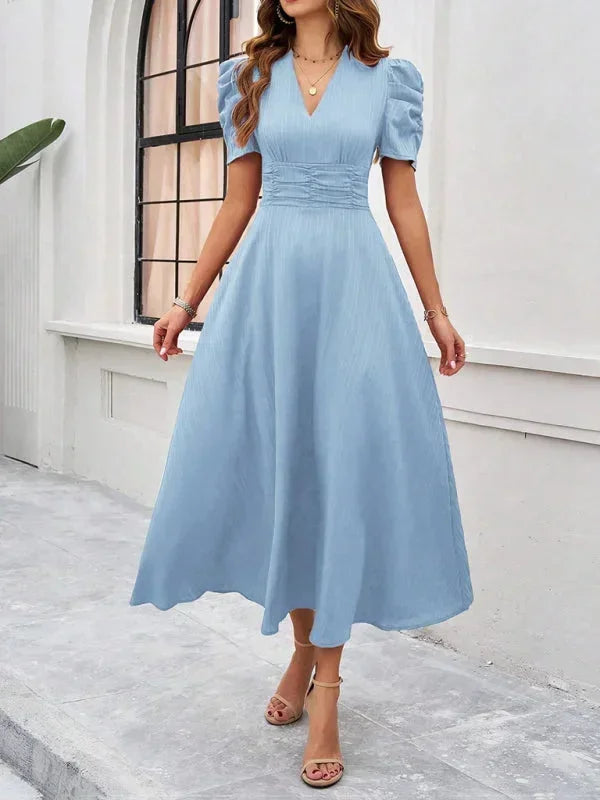 V Neck Puff Sleeve Midi Dress Women
