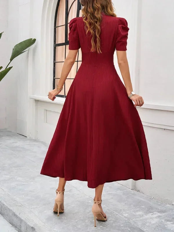 V Neck Puff Sleeve Midi Dress Women