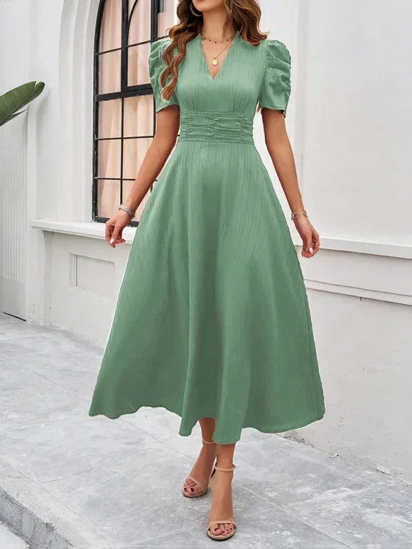 V Neck Puff Sleeve Midi Dress Women