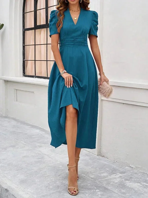 V Neck Puff Sleeve Midi Dress Women