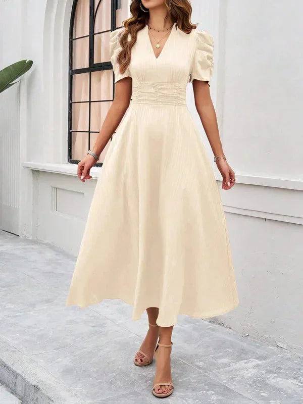 V Neck Puff Sleeve Midi Dress Women