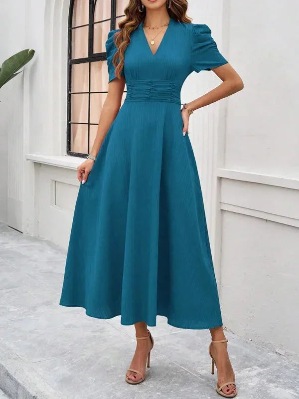 V Neck Puff Sleeve Midi Dress Women