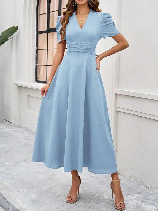 V Neck Puff Sleeve Midi Dress Women