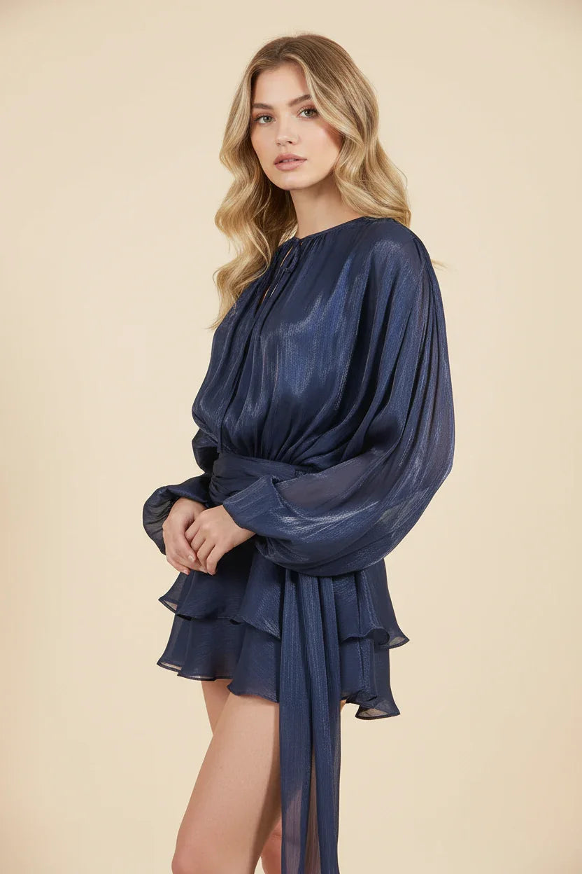 Women’s Elegant Long Sleeve Ruffle Hem Mini Dress with Waist Tie