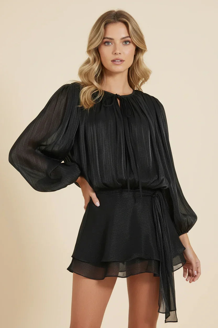 Women’s Elegant Long Sleeve Ruffle Hem Mini Dress with Waist Tie