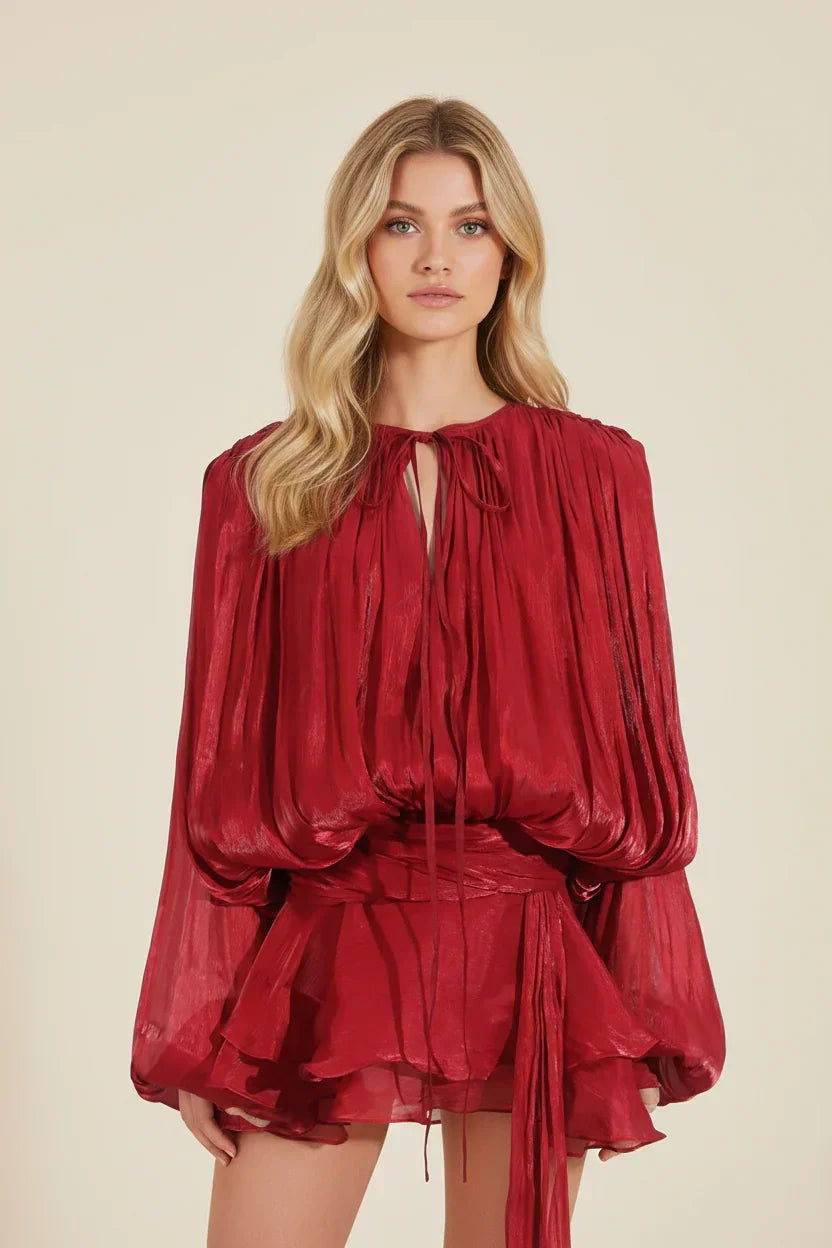 Women’s Elegant Long Sleeve Ruffle Hem Mini Dress with Waist Tie