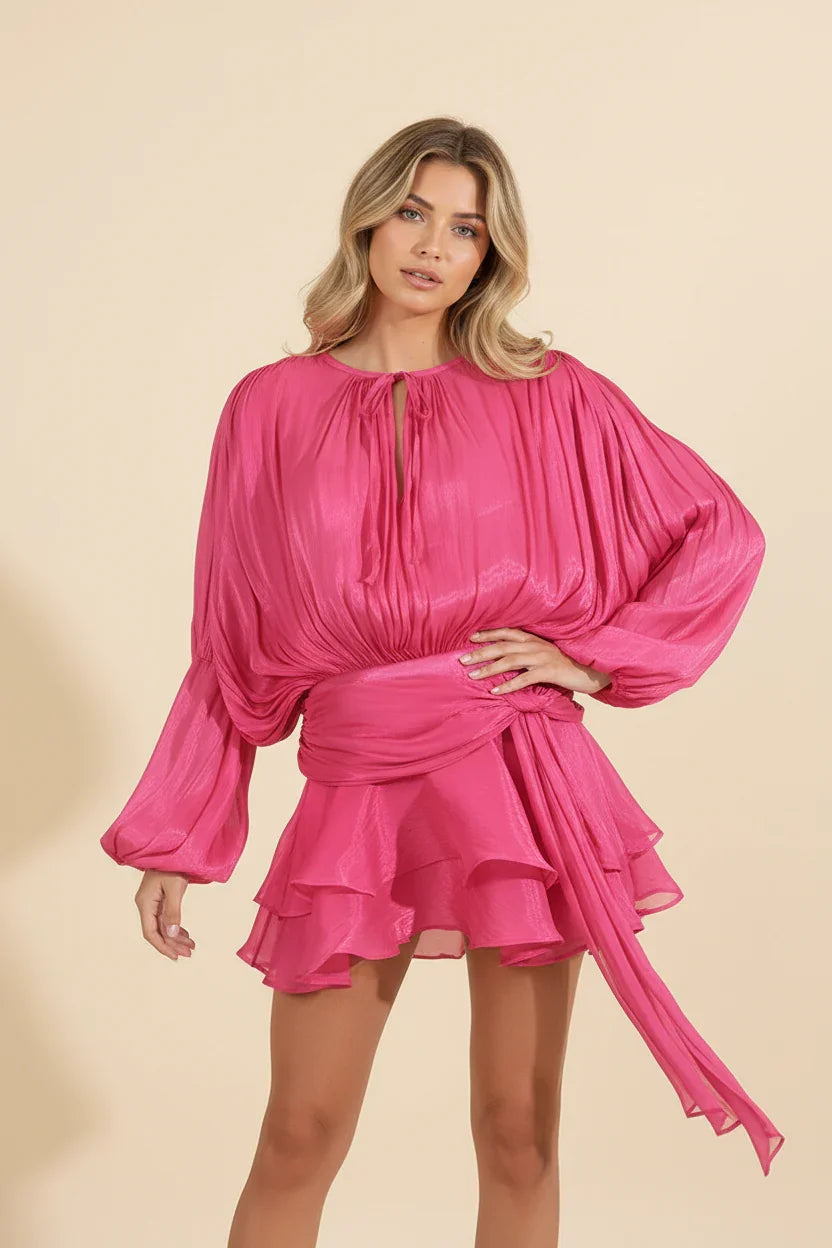 Women’s Elegant Long Sleeve Ruffle Hem Mini Dress with Waist Tie