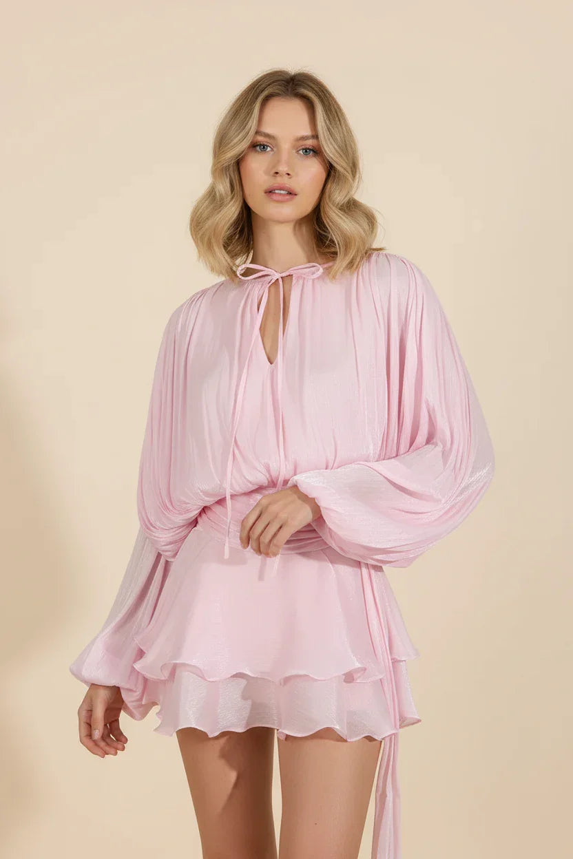 Women’s Elegant Long Sleeve Ruffle Hem Mini Dress with Waist Tie