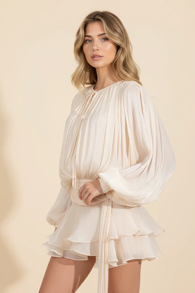 Women’s Elegant Long Sleeve Ruffle Hem Mini Dress with Waist Tie