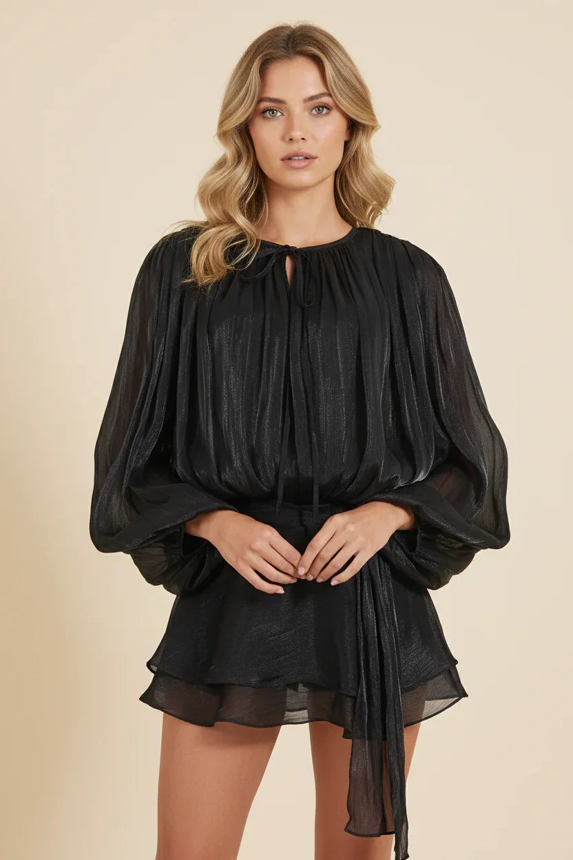 Women’s Elegant Long Sleeve Ruffle Hem Mini Dress with Waist Tie