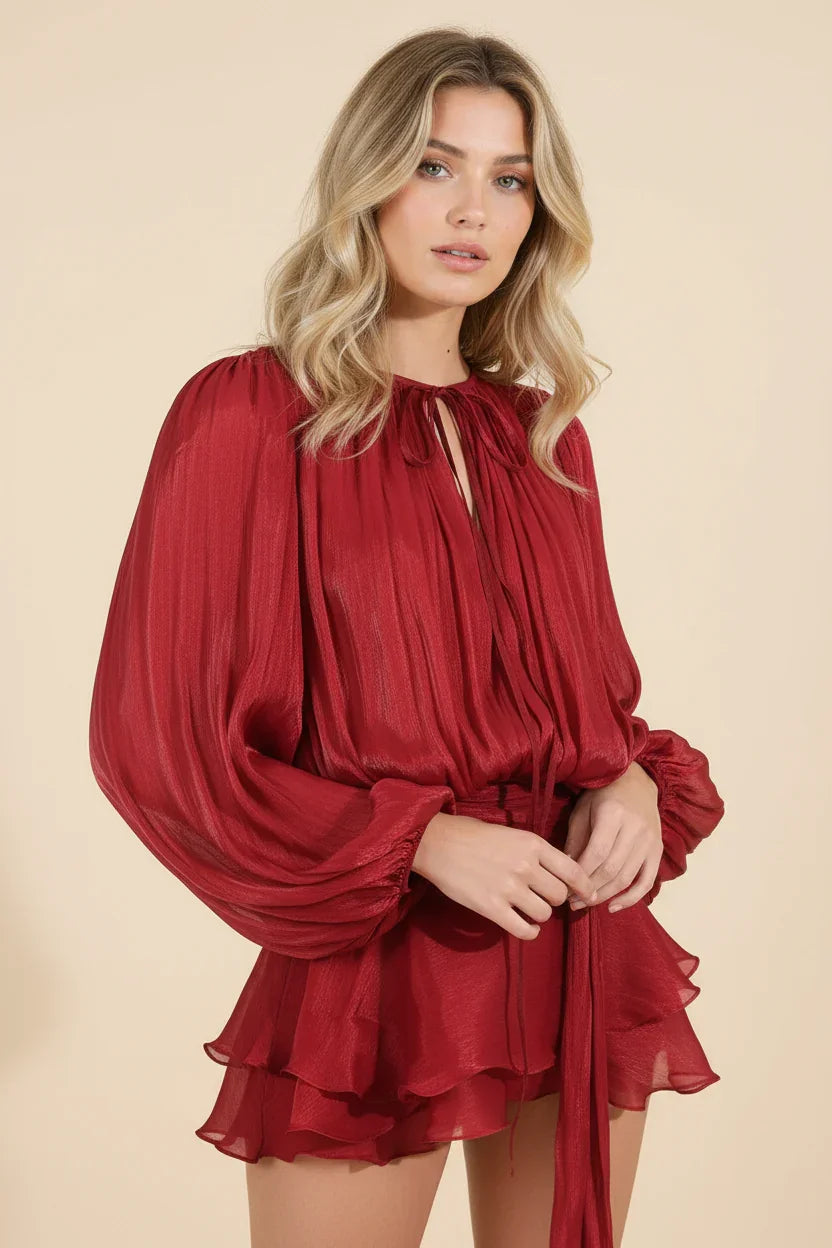 Women’s Elegant Long Sleeve Ruffle Hem Mini Dress with Waist Tie