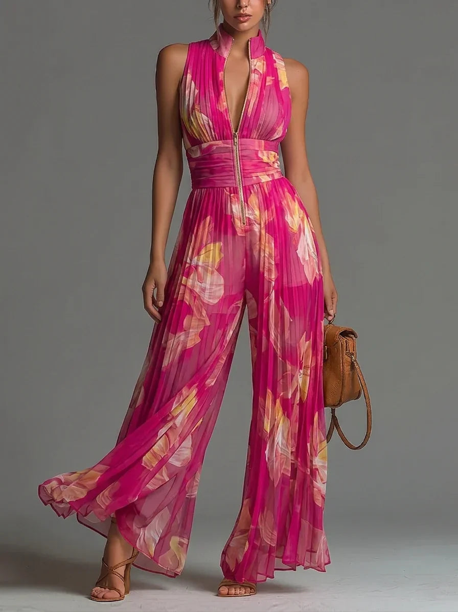 Women's Sleeveless Pleated Halter Wide-Leg Jumpsuit