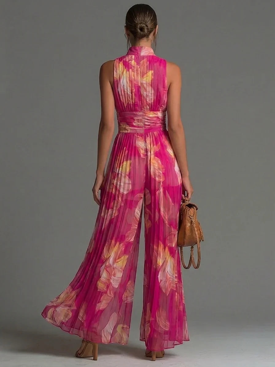 Women's Sleeveless Pleated Halter Wide-Leg Jumpsuit